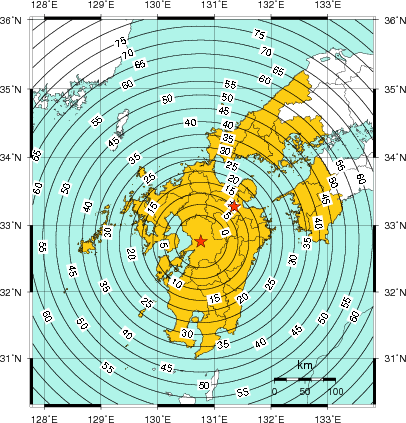 緊急地震速報(警報)第2報を発表した地域及び主要動到達までの時間