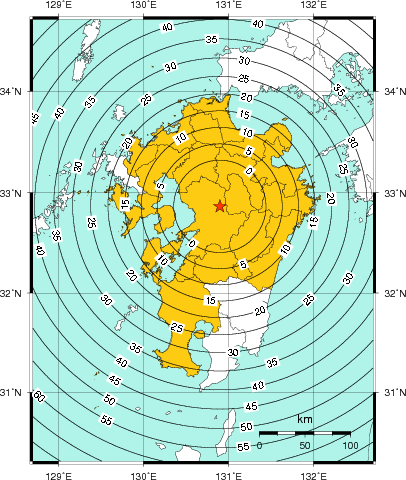 緊急地震速報（警報）第1報を発表した地域及び主要動到達までの時間