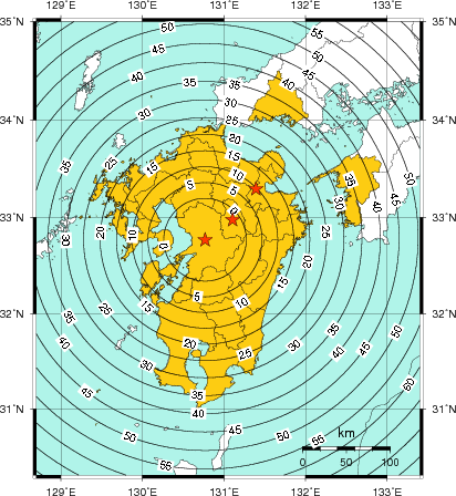 緊急地震速報(警報)第1報を発表した地域及び主要動到達までの時間