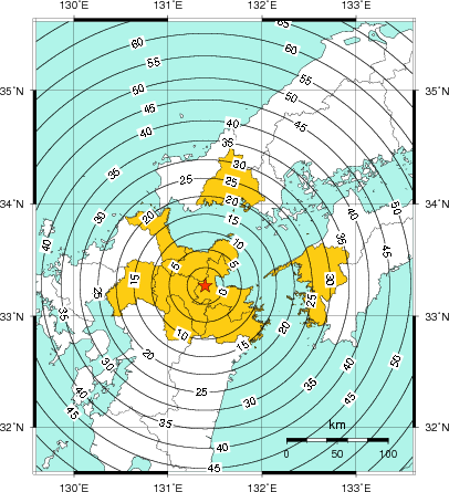 緊急地震速報(警報)第1報を発表した地域及び主要動到達までの時間