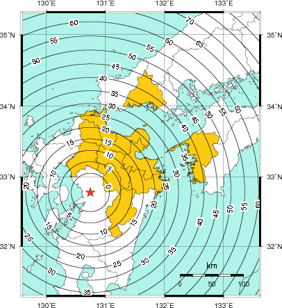 緊急地震速報(警報)第1報を発表した地域及び主要動到達までの時間