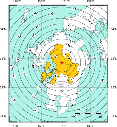 緊急地震速報(警報)第1報を発表した地域及び主要動到達までの時間