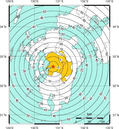 緊急地震速報(警報)第1報を発表した地域及び主要動到達までの時間