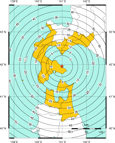 緊急地震速報(警報)第1報を発表した地域及び主要動到達までの時間