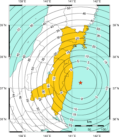 緊急地震速報(警報)第1報を発表した地域及び主要動到達までの時間