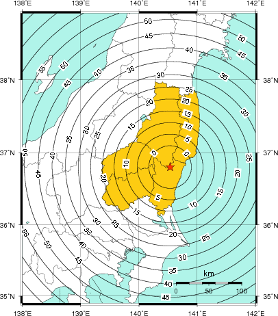 緊急地震速報(警報)第1報を発表した地域及び主要動到達までの時間