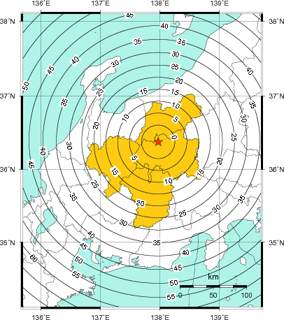 緊急地震速報(警報)第1報を発表した地域及び主要動到達までの時間