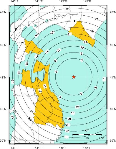 緊急地震速報(警報)第1報を発表した地域及び主要動到達までの時間