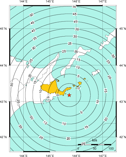 緊急地震速報(警報)第1報を発表した地域及び主要動到達までの時間