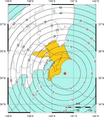 緊急地震速報(警報)第1報を発表した地域及び主要動到達までの時間