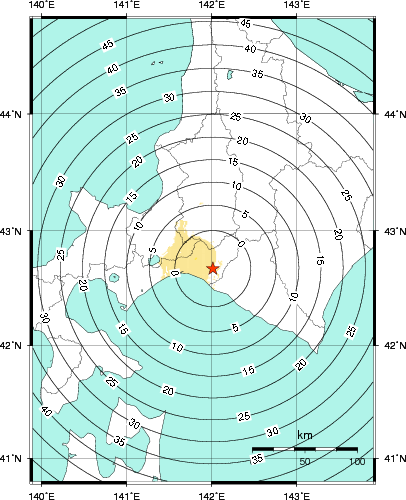 緊急地震速報第1報提供から主要動到達までの時間及び推計震度分布図