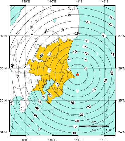 緊急地震速報(警報)第1報を発表した地域及び主要動到達までの時間