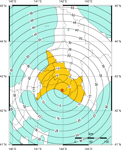 緊急地震速報(警報)第1報を発表した地域及び主要動到達までの時間