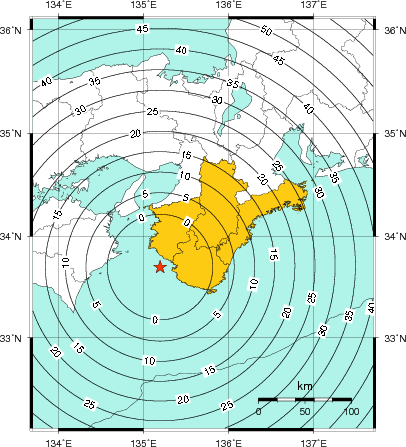緊急地震速報(警報)第1報を発表した地域及び主要動到達までの時間