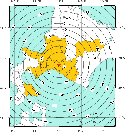 緊急地震速報(警報)第1報を発表した地域及び主要動到達までの時間