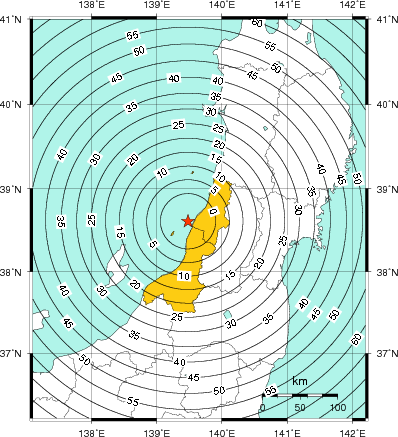 緊急地震速報(警報)第1報を発表した地域及び主要動到達までの時間