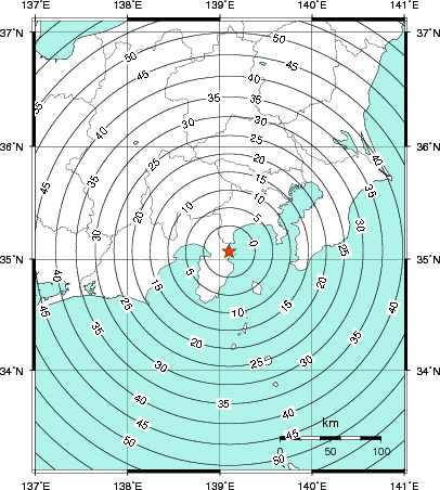 緊急地震速報第1報提供から主要動到達までの時間及び推計震度分布図