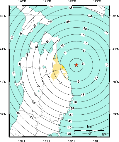 緊急地震速報第1報提供から主要動到達までの時間及び推計震度分布図