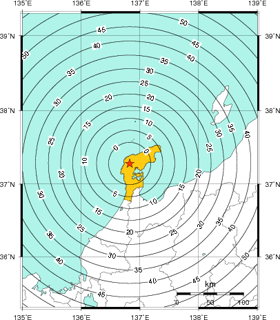 緊急地震速報(警報)第1報を発表した地域及び主要動到達までの時間