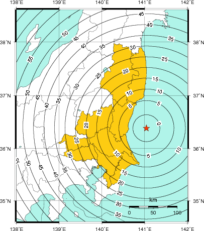 緊急地震速報(警報)第1報を発表した地域及び主要動到達までの時間