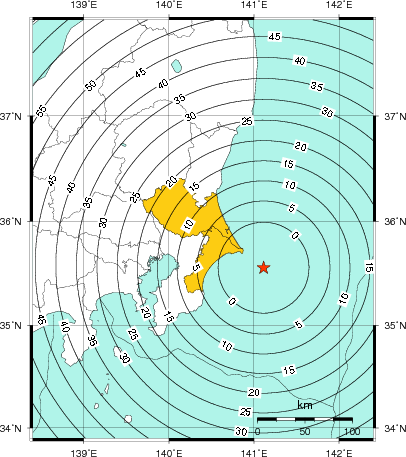 緊急地震速報(警報)第1報を発表した地域及び主要動到達までの時間