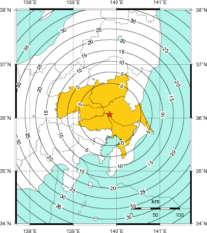 緊急地震速報(警報)第1報を発表した地域及び主要動到達までの時間