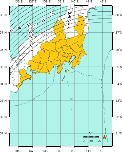 緊急地震速報(警報)第1報を発表した地域及び主要動到達までの時間