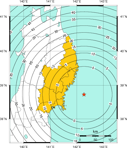 緊急地震速報(警報)第1報を発表した地域及び主要動到達までの時間