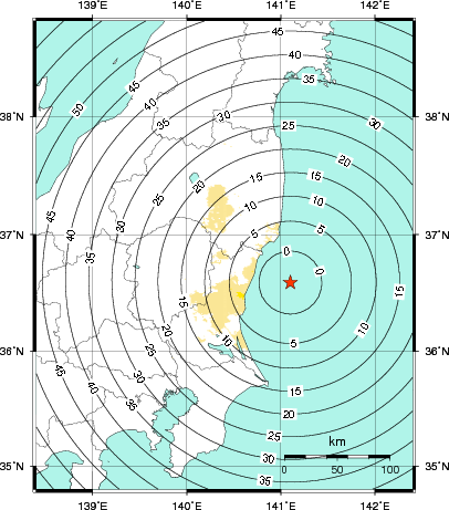 緊急地震速報第1報提供から主要動到達までの時間及び推計震度分布図