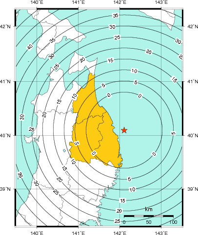 緊急地震速報(警報)第1報を発表した地域及び主要動到達までの時間