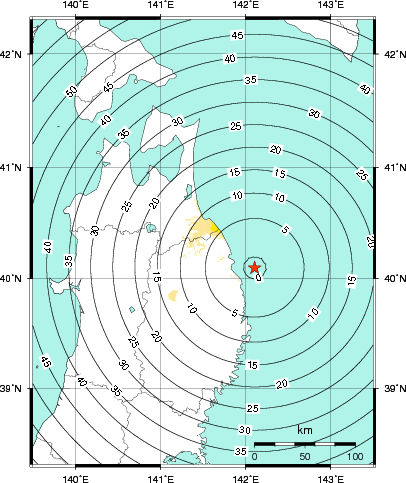 緊急地震速報第1報提供から主要動到達までの時間及び推計震度分布図