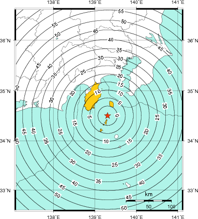 緊急地震速報(警報)第1報を発表した地域及び主要動到達までの時間