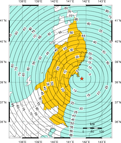 緊急地震速報(警報)第1報を発表した地域及び主要動到達までの時間