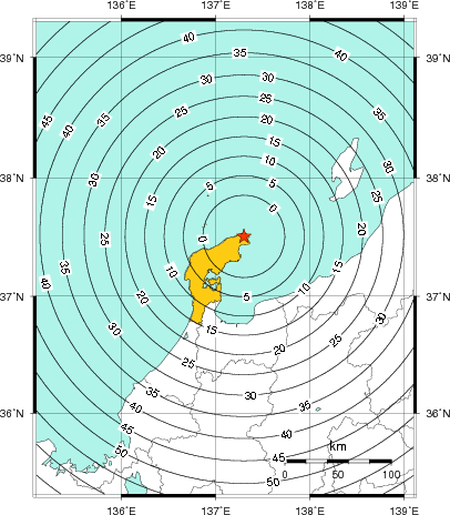 緊急地震速報(警報)第1報を発表した地域及び主要動到達までの時間