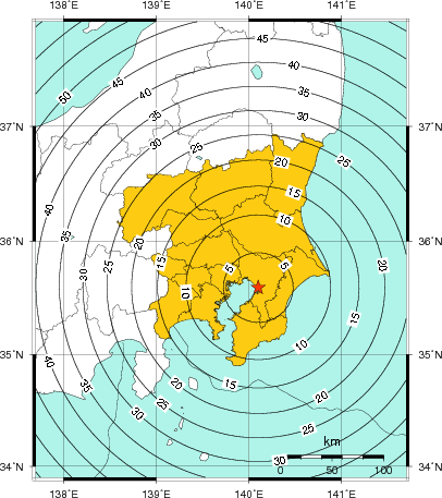 緊急地震速報(警報)第1報を発表した地域及び主要動到達までの時間