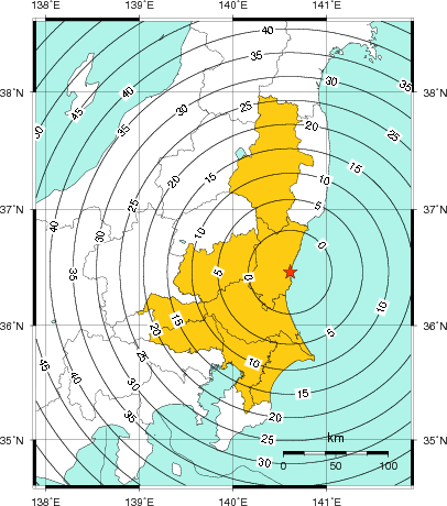 緊急地震速報(警報)第1報を発表した地域及び主要動到達までの時間
