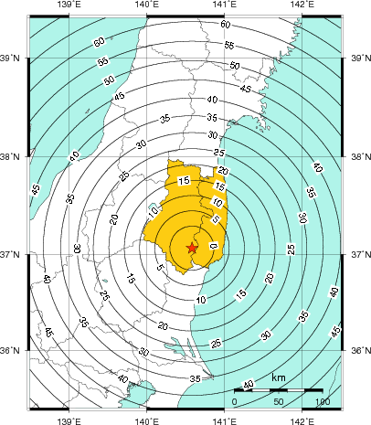 緊急地震速報(警報)第1報を発表した地域及び主要動到達までの時間