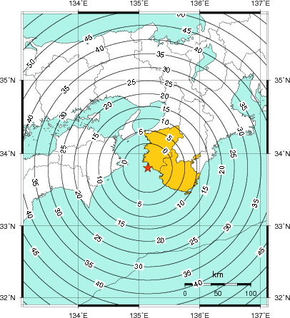 緊急地震速報(警報)第1報を発表した地域及び主要動到達までの時間