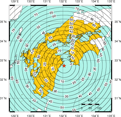 緊急地震速報(警報)第1報を発表した地域及び主要動到達までの時間