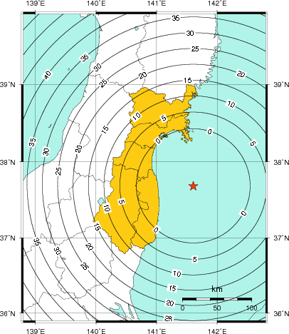 緊急地震速報(警報)第1報を発表した地域及び主要動到達までの時間