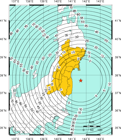 緊急地震速報(警報)第2報を発表した地域及び主要動到達までの時間