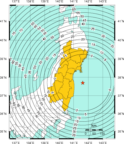 緊急地震速報(警報)第3報を発表した地域及び主要動到達までの時間