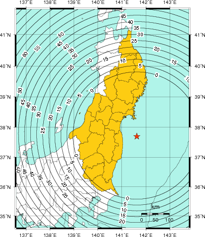 緊急地震速報(警報)第4報を発表した地域及び主要動到達までの時間