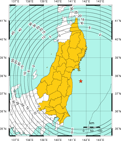 緊急地震速報(警報)第5報を発表した地域及び主要動到達までの時間