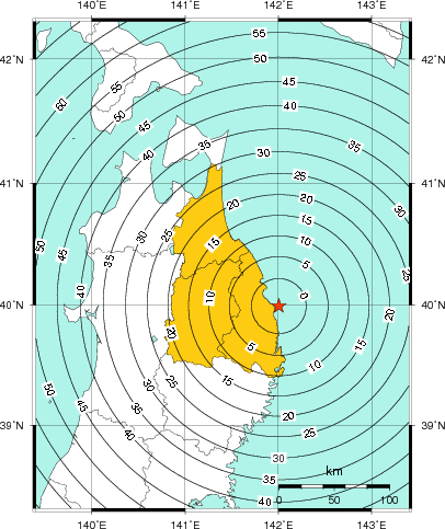 緊急地震速報（警報）第1報を発表した地域及び主要動到達までの時間