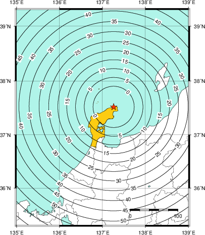 緊急地震速報(警報)第1報を発表した地域及び主要動到達までの時間