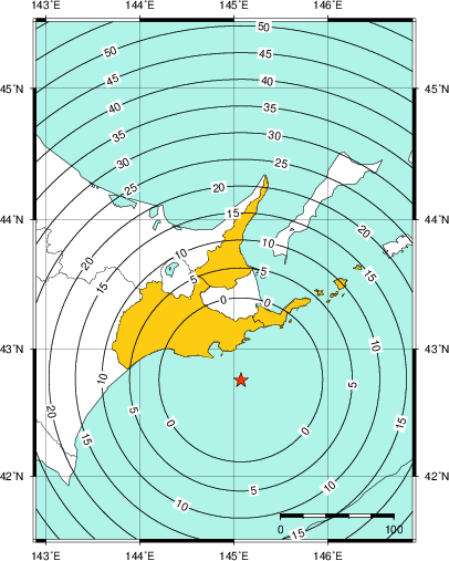 緊急地震速報(警報)第1報を発表した地域及び主要動到達までの時間