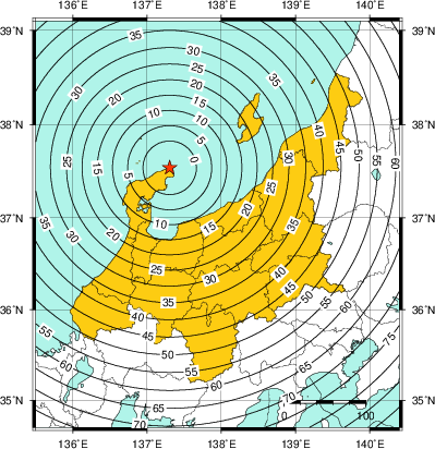 緊急地震速報(警報)第1報を発表した地域及び主要動到達までの時間