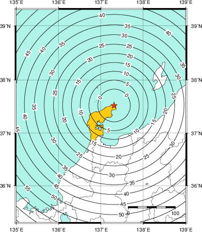 緊急地震速報(警報)第1報を発表した地域及び主要動到達までの時間