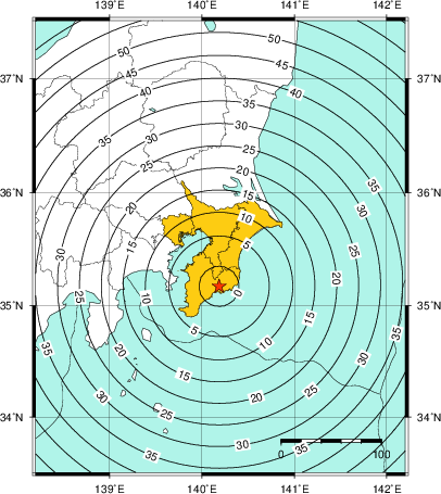 緊急地震速報（警報）第1報を発表した地域及び主要動到達までの時間